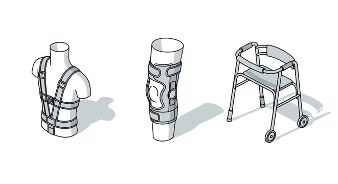 Medical equipment in isometric style featuring mobility walker and supportive braces