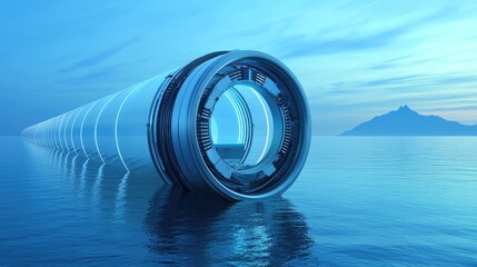 Futuristic, cylindrical structure extending across a tranquil body of water.