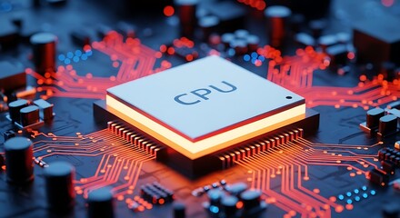 Closeup of a cpu chip on a circuit board, representing computer hardware, processing power, and technological advancement in a digital environment