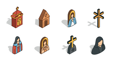 Isometric christian icons: church, crosses, and religious figures