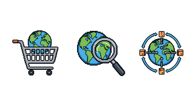 Pixel art icons of shopping, search, and navigation with earth theme