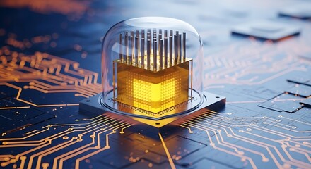 Golden microchip under a glass dome, showcasing advanced technology and data processing with intricate circuit patterns and a futuristic design