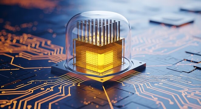 Golden microchip under a glass dome, showcasing advanced technology and data processing with intricate circuit patterns and a futuristic design