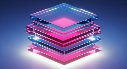 Abstract layers of transparent glass squares, stacked to create a modern and geometric design with vibrant pink and blue neon lighting effects