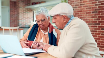 Senior couple, reading and documents at house for finance, budget planning and loan contract. Elderly people, paperwork and laptop for asset management, retirement application and financial expenses