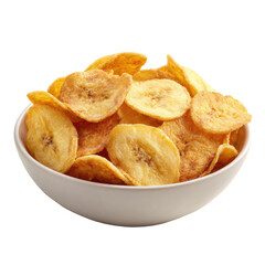 Bowl brimming with crispy, golden banana chips on a dark backdrop