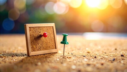 Capturing moments and marking aspirations A tiny cork board with a vibrant red pin alongside a green thumbtack, set against a warm, sunlit backdrop, perfect for your next project