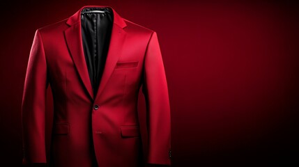 Elegant red blazer is displayed against a shaded burgundy background, showcasing its tailored design and smooth texture.