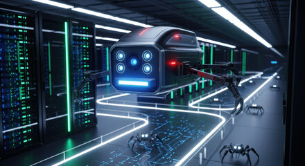 Futuristic automated robot machine for advanced technology. Server in data center represents machine learning and powerful processing for new era of robotics and innovation