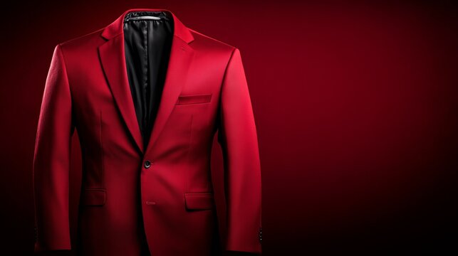 Elegant red blazer is displayed against a shaded burgundy background, showcasing its tailored design and smooth texture.