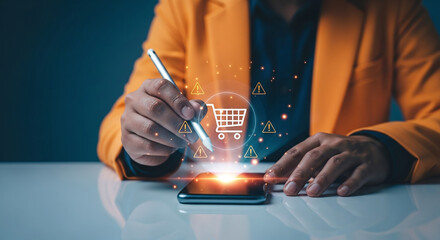 Person using stylus on smartphone with glowing shopping cart icon and digital network overlay