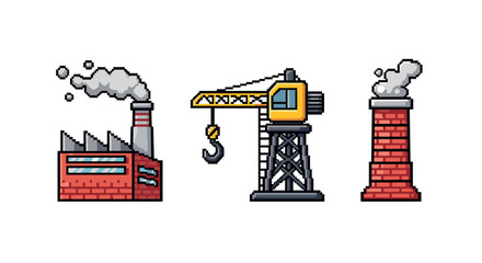 Naklejka premium Pixel art construction elements with factory, crane, and chimney