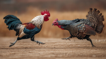 A rooster and a turkey facing each other while running on a dirt ground outdoors during day
