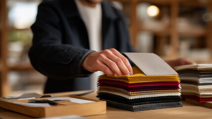A hand flipping through a stack of colorful fabric swatches beside sewing tools — textile design workflow, fashion industry creativity, handmade craftsmanship, and small business production.
