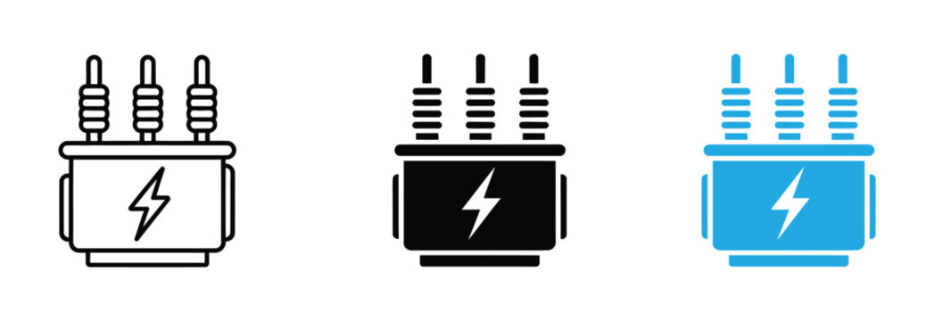 electric transformer vector icon set. isolated electrical power substation transformer symbol. electricity station current transformer box sign in black color.