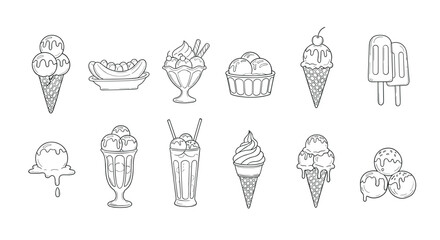 Hand drawn ice cream set with cones, sundaes, and popsicles in line art style
