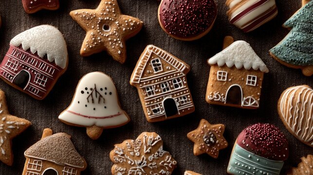 Festive gingerbread cookies arranged in various shapes and designs on a dark surface