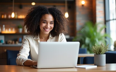 Smiling curly female student working on net-book with blank copy space screen for your text message or promotional content, successful freelancer woman is using laptop computer while sitting in cafe