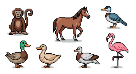 Colorful pixel art animals: horse, monkey, ducks, flamingo, birds