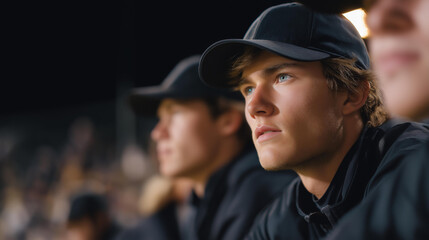 Close-up of fans leaning forward, holding their breath as the game reaches a critical moment — cinematic tension and deep emotional investment captured in an intimate nighttime scene of passion and