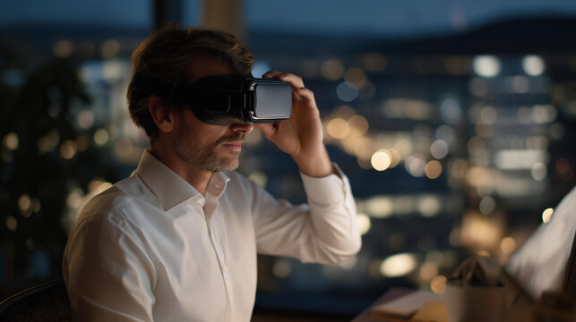 Over-the-shoulder view of professional avatar selecting office destination in VR, city holograms glowing — representing instant networking, global digital workforce, and technology-enabled