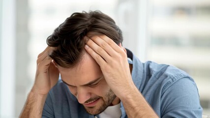 Man holding head with headache male suffering pain stressed frustrated indoor portrait office young adult closeup - Powered by Adobe
