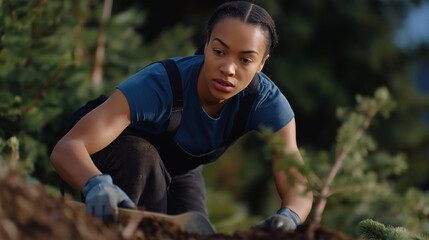 A climate activist giving up steady income to work full-time on community projects, planting trees with dirt-stained gloves — environmental sacrifice, personal conviction, and sustainability