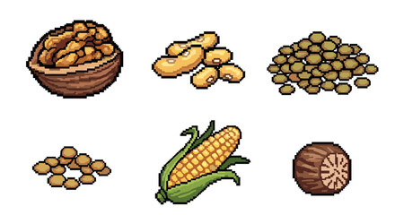 Obraz premium Pixel art nuts and grains collection with corn and peas
