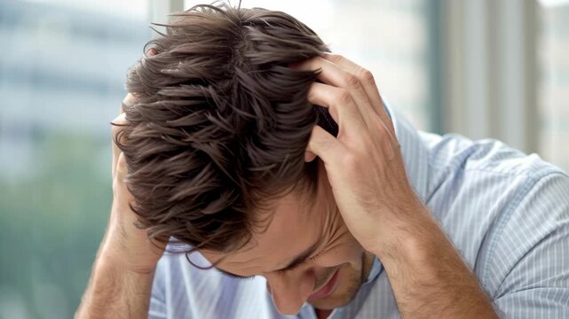 Caucasian adult male portrait indoor head holding temples in pain stressed businessman rubbing forehead concentrating with eyes closed furrowed brow