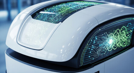 Futuristic automated robot with glowing circuit electronics shows future of technology. This advanced machine learning system represents artificial intelligence automation