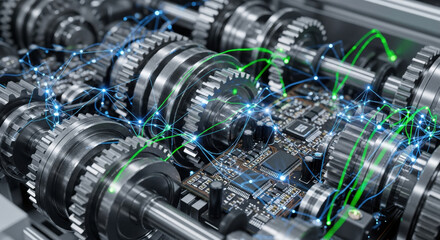 Advanced automated industry using machine learning for data analysis on mechanical equipment. This innovative technology network on complex gearbox shows future engineering intelligence