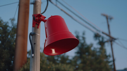 A neighborhood civil defense siren mounted on a utility pole flashing red during an emergency drill, with families stepping out onto porches to watch — community safety awareness, municipal
