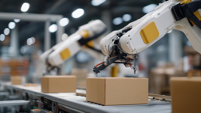 Robotic picking arms sorting products in a futuristic distribution center, sensors glowing as they collaborate with human workers — warehouse automation, robotics integration, and next-generation