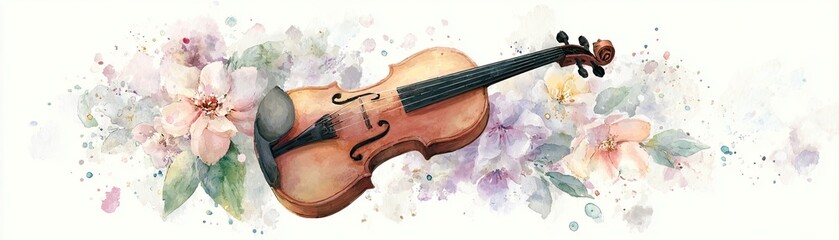 Obraz premium A beautiful watercolor illustration of a violin surrounded by delicate flowers, blending art and music in a harmonious composition.