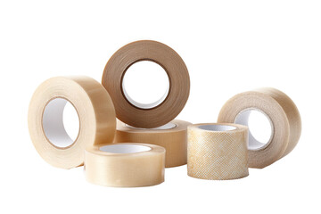 Several rolls of clear and tan adhesive tape on a dark background