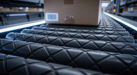 Automated machine learning system sorting package on conveyor belt inside modern warehouse. Efficient logistics and distribution for factory production and shipping