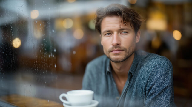 A man sits alone at a café, staring through a rain-streaked window, a half-empty cup beside him. Outside, the city moves on, but inside, time slows — a portrait of solitude and introspection. The