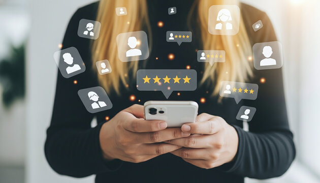 Woman using smartphone with social media icons and chat bubbles floating around - Powered by Adobe