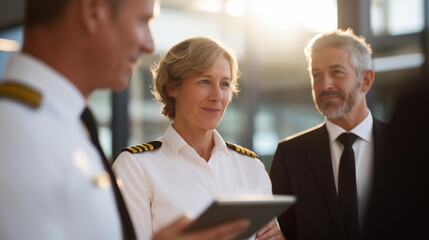 Inside an airport lounge, an airline crew conducts a detailed pre-flight briefing before an international journey. Pilots and flight attendants in crisp uniforms gather around digital tablets,