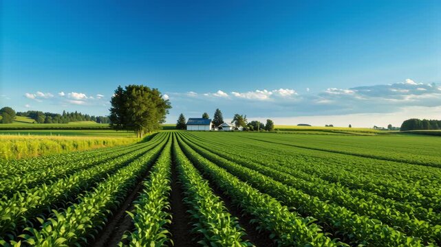 Lush green crop field rows on farm with farmhouse and barn under blue sky rural farmland morning trees serene agricultural scene