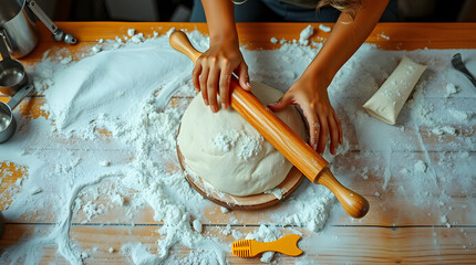 A bustling baker's table where work is in full swing, with a thick layer of white flour scattered across its wooden surface, a long wooden rolling pin laying on top of a large mound of unset dough