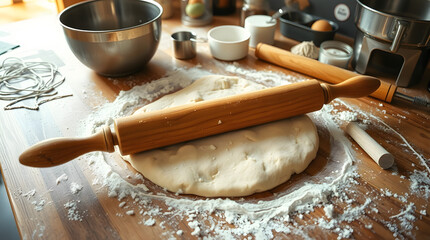 A bustling baker's table where work is in full swing, with a thick layer of white flour scattered across its wooden surface, a long wooden rolling pin laying on top of a large mound of unset dough