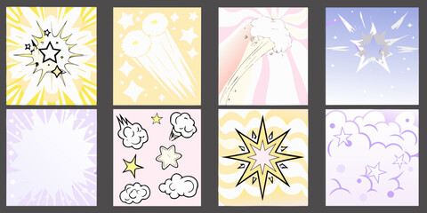Comic book style explosion and effect backgrounds with stars and clouds in various colors