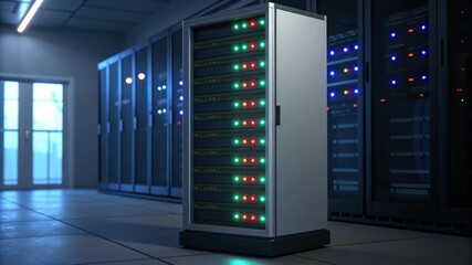 Server rack data center equipment led indicator lights cooling aisle modern cabinet illuminated status lights green red blue network equipment cool - Powered by Adobe