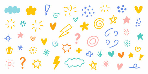 Hand drawn doodle elements and symbols in various colors for design and decoration