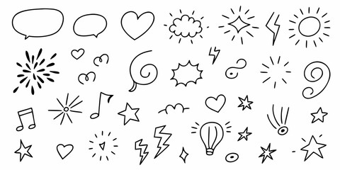 Hand drawn doodle elements and symbols including speech bubbles hearts stars and more on white