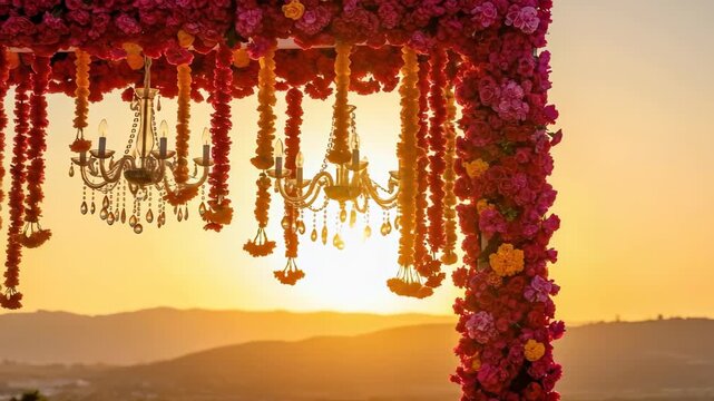 luxurious floral arch with magenta garlands and crystal chandeliers against golden sunset. indian wedding or festival celebration. romantic background for invitation or banner.
