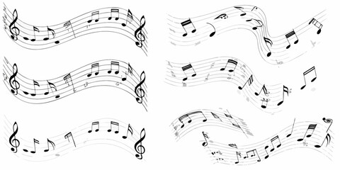 Abstract musical notes and treble clefs flowing on a white background vector illustration