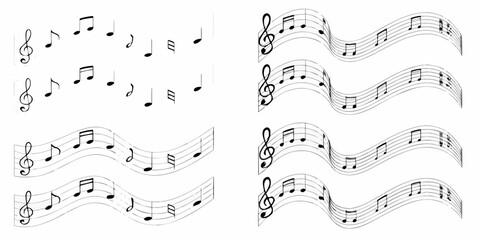 Musical notes and treble clefs arranged on staves creating a visual music concept