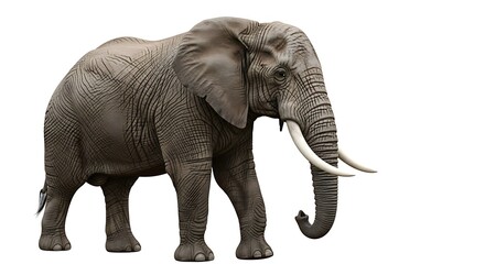 Obraz premium Magnificent African Elephant Bull with Ivory Tusks, Standing Isolated on White Background.